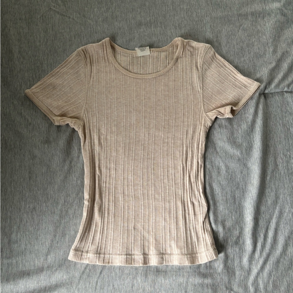 Ribbed Beige Tight Short Sleeve Top